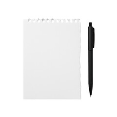 White paper with rough, torn edges and smooth surface, alongside a sleek black minimalist pen, flat lay on a transparent shadowless studio background, perfectly isolated. Concept of meticulous