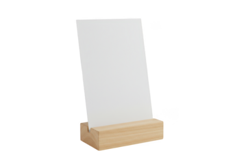 Blank white card held upright in a wooden block stand isolated on transparent background