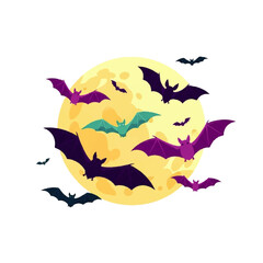 Fototapeta premium Bats fly in a spooky, playful swarm around a large, yellow full moon on a white background.