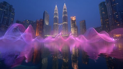 Nighttime Kuala Lumpur Skyline with Petronas Towers and Neon Light Waves