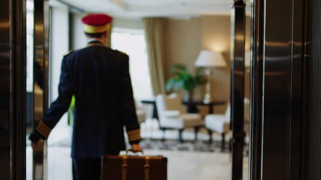 Elegant hotel porter in uniform carries vintage suitcase while walking through elevator doors, providing seamless guest experience in luxury accommodation