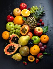 Colorful fruit assortment on dark surface