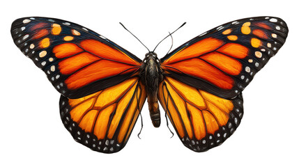 Close up of a monarch butterfly with vibrant orange wings against a black background