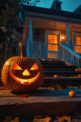 Obraz premium A friendly smiling jack-o'-lantern with a cute carved face sits on the porch steps at dusk