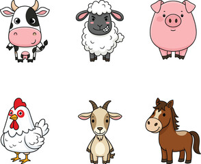 Cartoon farm animal vector set, cute livestock illustration, children’s educational graphic, editable character design, isolated rural animal collection