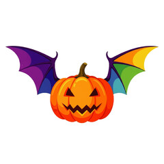 Naklejka premium A grinning jack-o'-lantern with vibrant rainbow and purple bat wings against a white background conveys playful Halloween spirit.