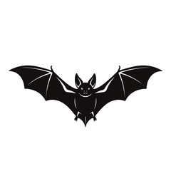 A menacing black bat spreads its wings in flight against a stark white background, conveying a sense of mystery and darkness.