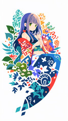 Obraz premium 物思いにふける女性、イラスト、パッチワーク