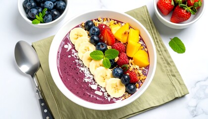Colorful fruit bowl with smoothie