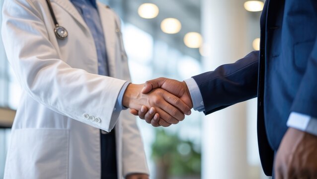 Doctor in white lab coat and businessperson in navy suit shaking hands indoors 4k full hd 2025 2026 download