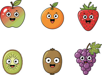 Cute cartoon fruits with smiling faces including apple, orange, strawberry, kiwi, grapes, perfect for kids, education, and marketing design