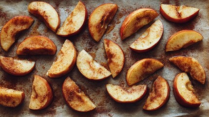 Sliced apples with cinnamon and sugar on baking tray ready for roasting. Oven-baked apple slices with cinnamon on baking sheet, concept of baking prep