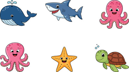 Cute Cartoon Sea Animals with Smiling Faces – Whale, Shark, Octopus, Starfish, Turtle – Fun Marine Life Vector Icons