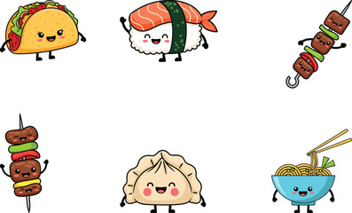 Cute Cartoon Food Characters with Happy Faces – Taco, Sushi, Skewers, Dumpling, Noodles – Fun Asian Street Snack Icons