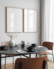 Dining room with a round table, two chairs, plates , silverware , glasses , a vase , and two White Mockup on the wall, minimalist style