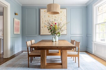 Dining room interior with wooden table chairs and light blue wall paneling.
