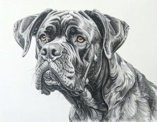 Detailed pencil drawing of a Cane Corso dog with soulful eyes, showcasing its wrinkly face and strong build.