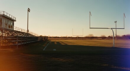 Nostalgic football field at sunset. Empty high school stadium with bleachers and goal post. Retro americana sports scene with melancholic 80s-90s vhs aesthetic. Vintage sports photography