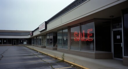 Abandoned strip mall with neon sale sign in window. Melancholic 80s-90s vhs aesthetic. Empty parking lot and cloudy sky. Nostalgic urban decay concept for retro photography