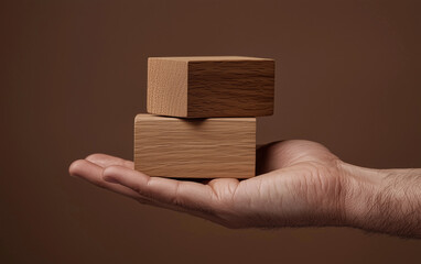 Obraz premium Male hand holding two stacked blank wooden blocks with copy space.
