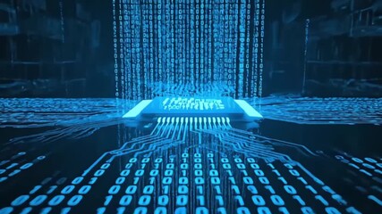 Futuristic microchip receives data flowing through circuit board for artificial intelligence - Powered by Adobe