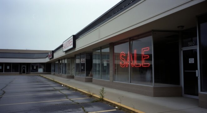 Abandoned strip mall with neon sale sign in window. Melancholic 80s-90s vhs aesthetic. Empty parking lot and cloudy sky. Nostalgic urban decay concept for retro photography - Powered by Adobe
