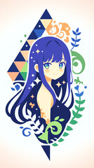 物思いにふける女性、イラスト、パッチワーク