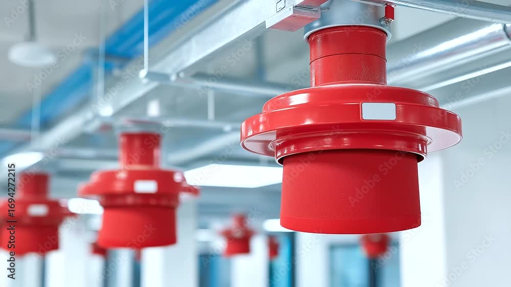 Poster advanced fire suppression sprinkler system with temperature sensitive heads distributed across moder