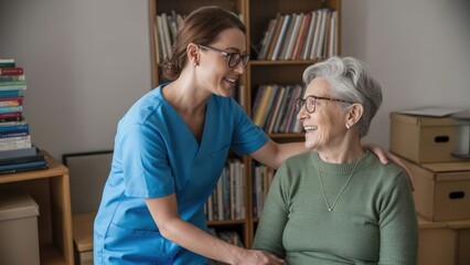Obraz premium A smiling caregiver in blue scrubs places a hand on an elderly woman's shoulder in a room with bookshelves 4k full hd 2025 2026 download