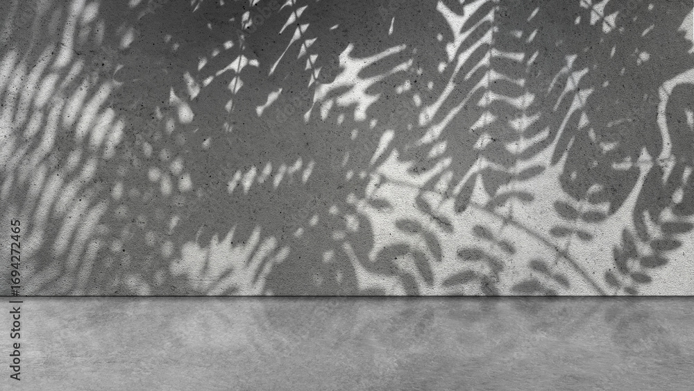Poster interior of a modern and minimalist studio with the shadow of a palm leaf on a gray wall with a brig