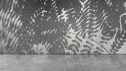 Interior of a modern and minimalist studio with the shadow of a palm leaf on a gray wall with a bright floor background. Mockup or copy space. Empty backdrop podium for product or text display