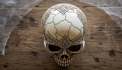 Halloween: cracked decorative skull on wooden table, photographed from overhead angle with blurred cobwebs behind.