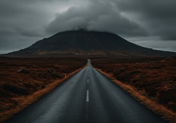 Obraz premium A moody road leading to a mountain under a dark sky.