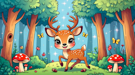 Obraz premium Cartoon deer on antlers standing on a white background illustration image