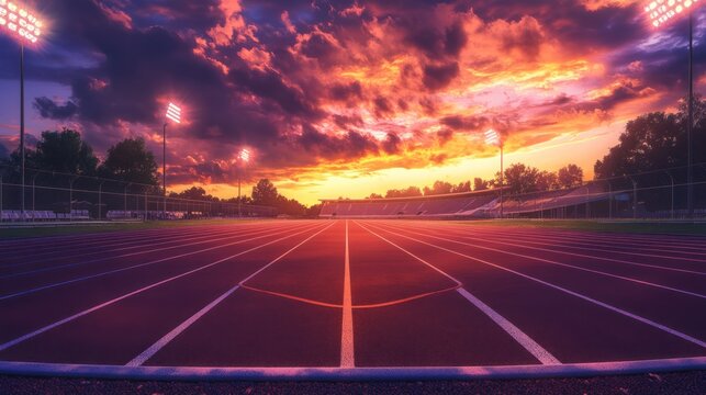 Dramatic sunset over a running track at a sports stadium.
