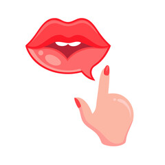 shush gesture with red lips and speech bubble isolated on white background.
