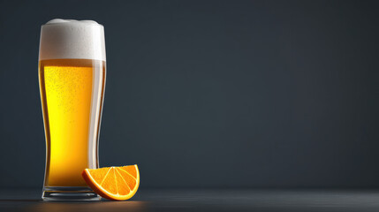 A frothy wheat beer in a tall glass with slice of orange on rim, dark background with subtle gradient, 3d illustration.