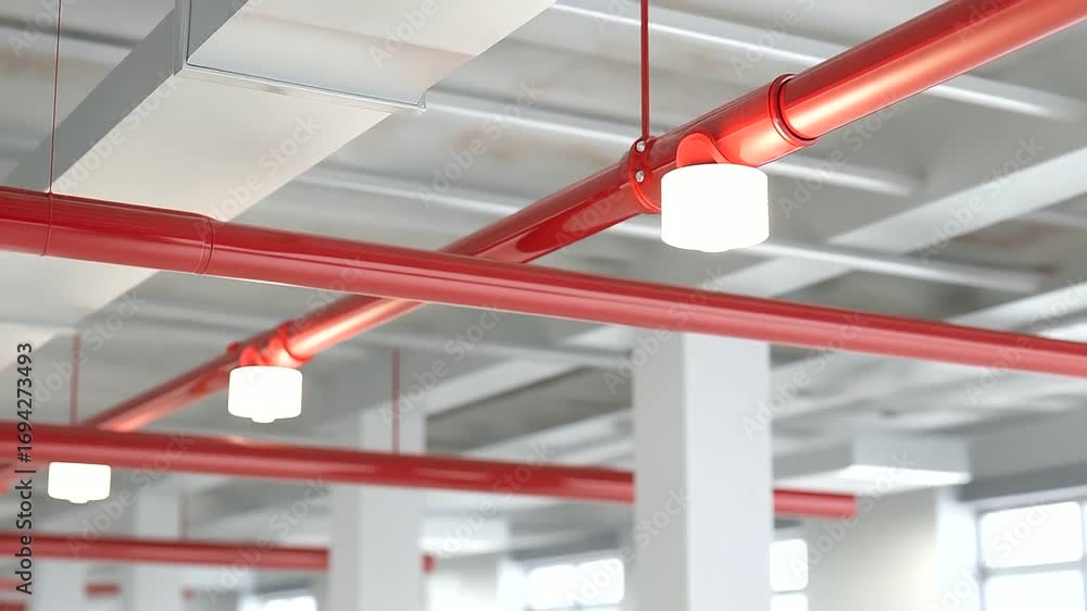 Poster advanced fire suppression sprinkler system with temperature sensitive heads distributed across moder