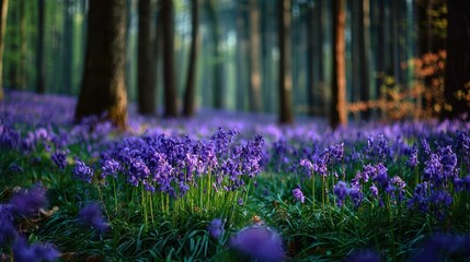 Obraz premium Purple flowers in forest sunlight