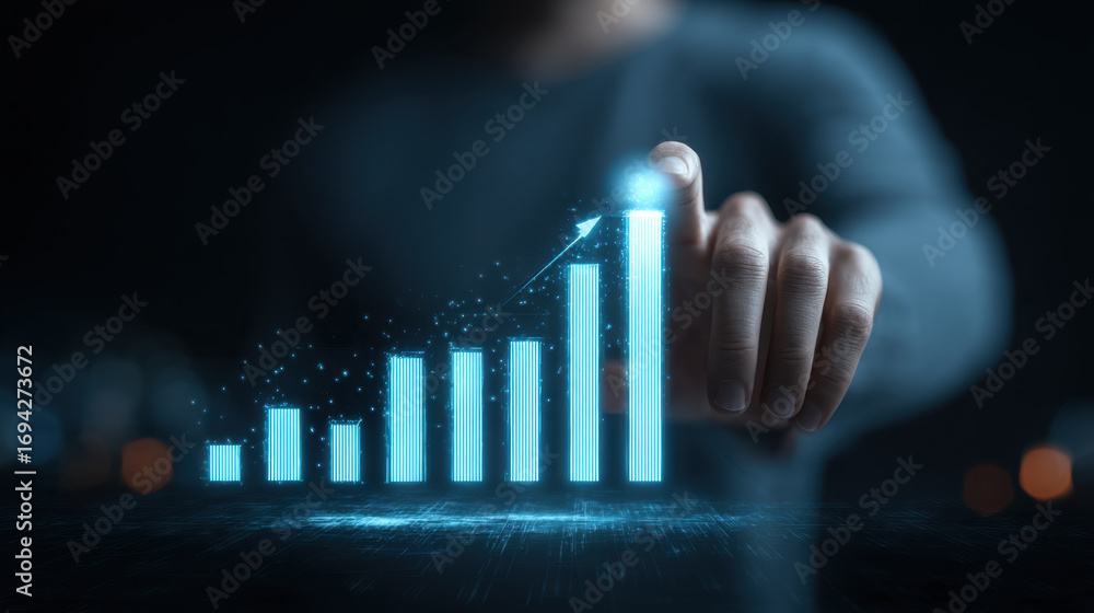 Poster digital graph showing growth with hand pointing at highest bar, symbolizing success and progress in 