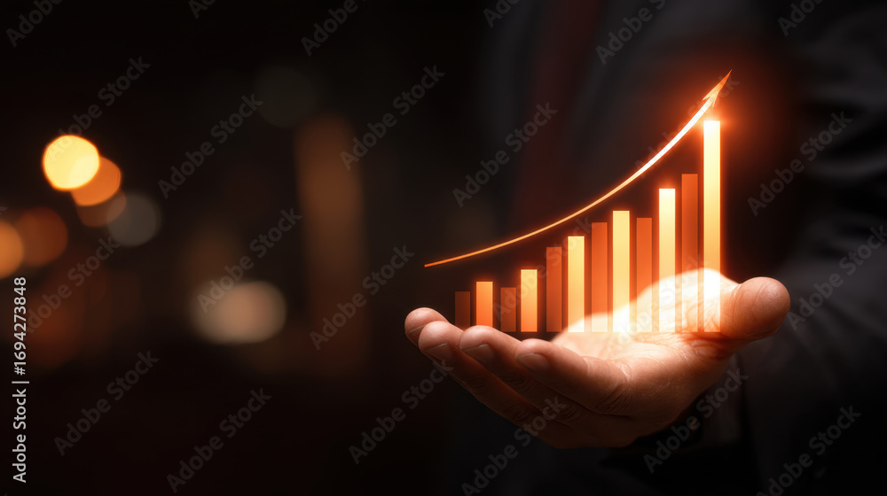 Poster hand holding glowing bar graph symbolizing growth and success, with blurred background of lights cre