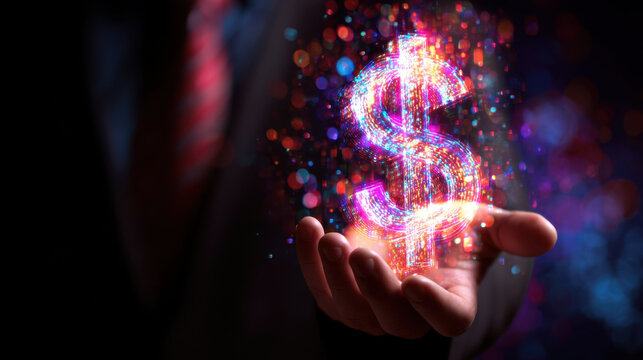 Glowing dollar sign is held in hand, surrounded by colorful sparkles and lights, symbolizing wealth and financial success. image conveys sense of prosperity and opportunity