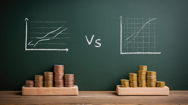 Visual comparison of compound and linear financial growth using chalk graphs and stacked coins. Ideal for education, finance, presentations, and infographics.