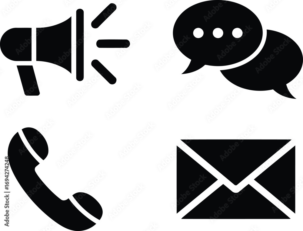 Poster diverse communication methods represented by simple black and white icons offering a comprehensive s