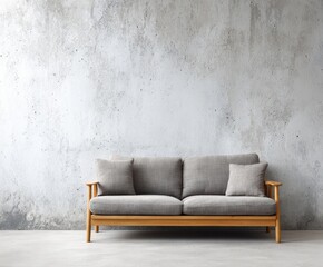 Fototapeta premium A light-gray sofa with wooden frame sits in front of a textured concrete wall, creating a simple and modern living room scene.