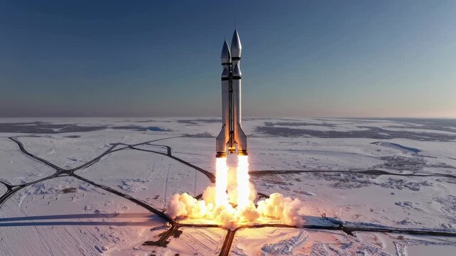 Rocket launch takes place over snowy landscape under clear blue skies at dawn