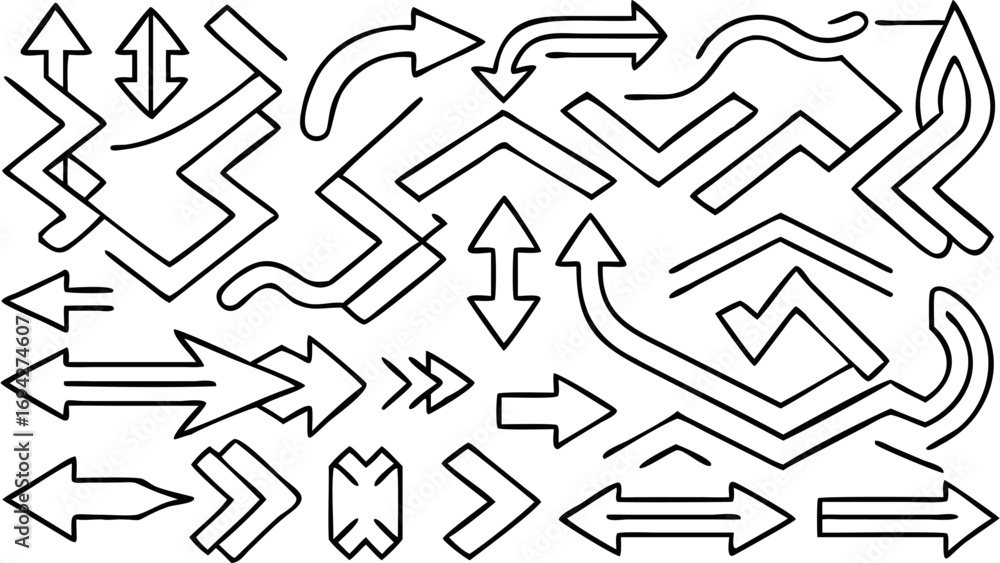 Poster collection of directional arrows in various styles pointing in different directions and shapes outli