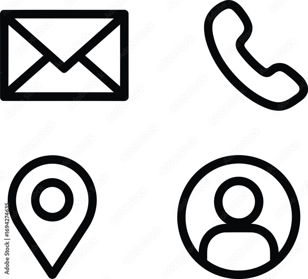 Poster collection of communication icons for email, phone, location, and profile portraying contact methods
