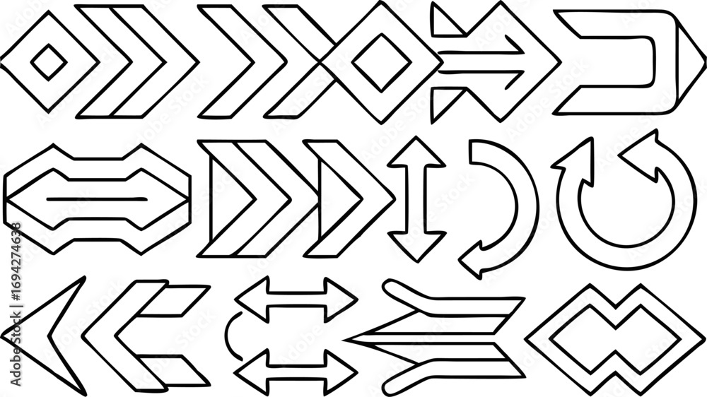 Poster collection of various arrow designs with different shapes and orientations in a black outline style