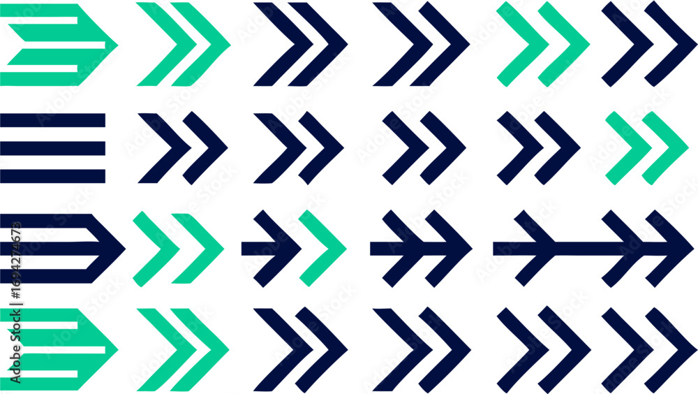 Poster pattern of green and blue arrows pointing right in various styles on a white background design eleme